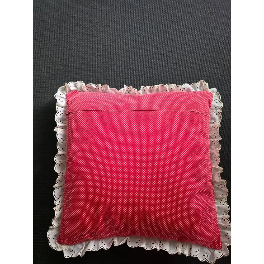 Vintage Homemade Sewn Embroidered Puppy Pillow Red Eyelet Lace Nursery Polka Dot
